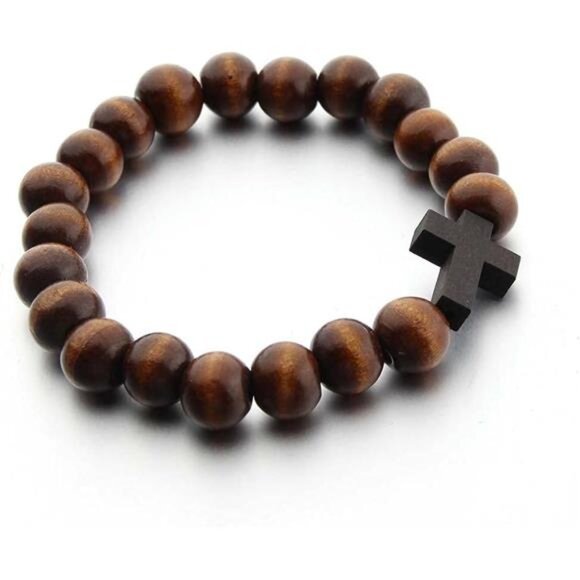 Wood Bead Cross Bracelet Men Women Religious Faith Prayer Handmade Jewelry - Picture 2 of 6